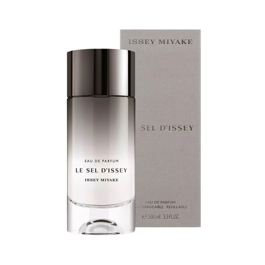 Issey Miyake Le Sel d’Issey Eau de Parfum 3.4 oz refillable bottle beside its retail box