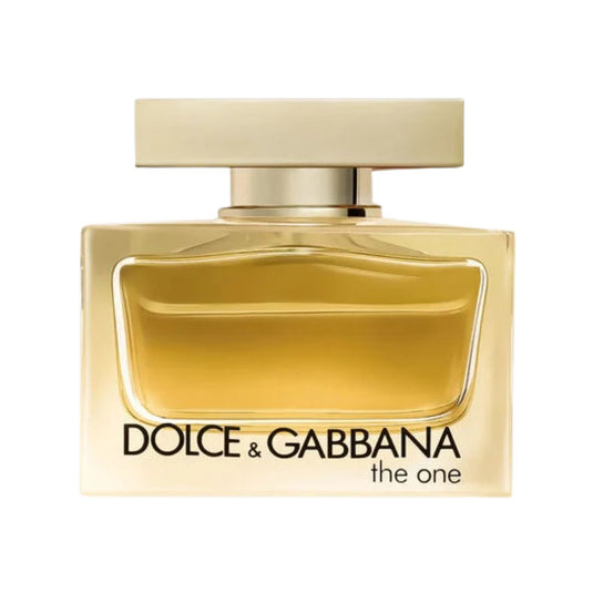 Dolce & Gabbana The One Eau de Parfum Intense 2.5 oz / 75 ml bottle for women, clear gold-tinted glass with amber juice and gold cap