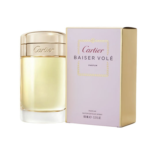 Cartier Baiser Vole Parfum 3.3 oz bottle with gold cap beside its lilac and gold retail box