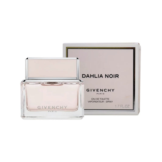 Givenchy Dahlia Noir Eau de Toilette 1.7 oz pale pink bottle beside its blush pink retail box
