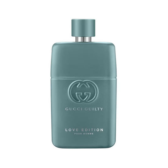 Gucci Guilty Love Edition Pour Homme Eau de Parfum 1.6 oz matte teal green bottle with embossed GG logo and matching cap