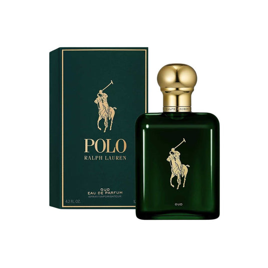 Ralph Lauren Polo Oud Eau de Parfum 4.2 oz emerald green bottle beside its dark green and gold retail box