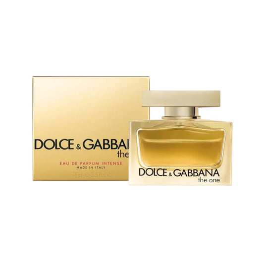 Dolce & Gabbana The One Eau de Parfum Intense for women, 2.5 oz / 75 ml clear bottle with amber juice and gold cap, beside its gold box